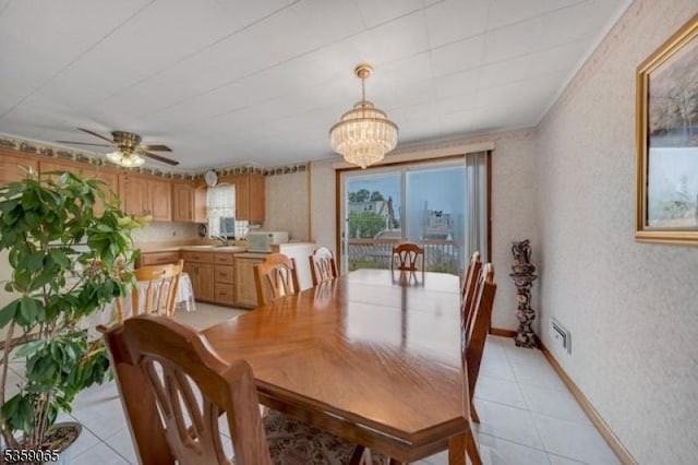 36 Bogert St, Totowa Boro, NJ 07512 - dining space featuring light tile patterned floors, a chandelier, wallpapered walls, ceiling fan, and baseboards