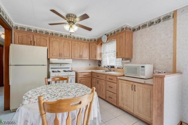 36 Bogert St, Totowa Boro, NJ 07512 - kitchen with white appliances, under cabinet range hood, ceiling fan, a sink, and light countertops
