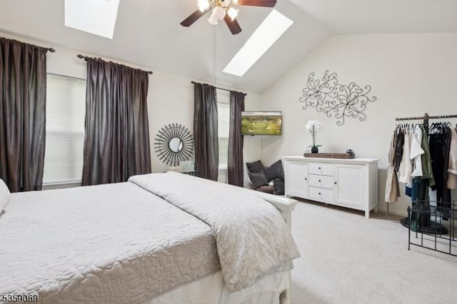 5 Prescott Ct, Condo, Bernards Twp, NJ 07920 - bedroom with a skylight, vaulted ceiling, light colored carpet, and ceiling fan