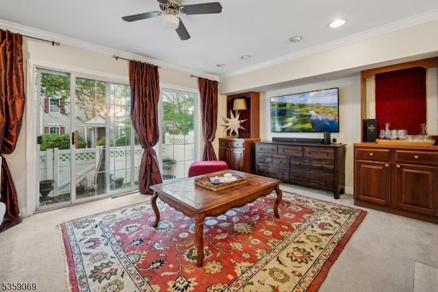 5 Prescott Ct, Condo, Bernards Twp, NJ 07920 - living area featuring light carpet, ornamental molding, a ceiling fan, and recessed lighting