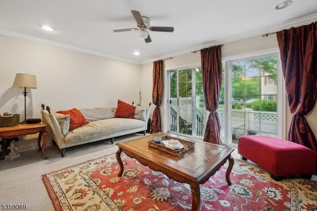 5 Prescott Ct, Condo, Bernards Twp, NJ 07920 - living area featuring crown molding, ceiling fan, recessed lighting, and carpet floors