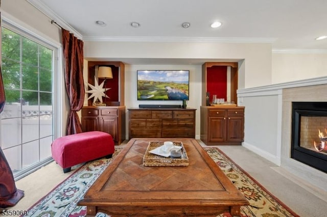 5 Prescott Ct, Condo, Bernards Twp, NJ 07920 - living room with crown molding, a fireplace with flush hearth, and light colored carpet