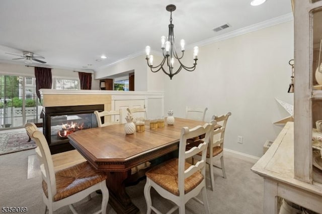 5 Prescott Ct, Condo, Bernards Twp, NJ 07920 - dining area with light colored carpet, crown molding, baseboards, a ceiling fan, and a multi sided fireplace