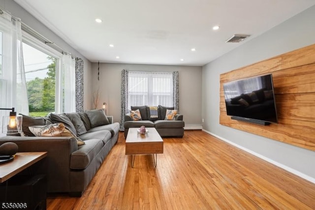 20 New Jersey Ave, Jefferson Twp, NJ 07849 - living room with plenty of natural light, light wood-style floors, recessed lighting, baseboards, and a baseboard radiator