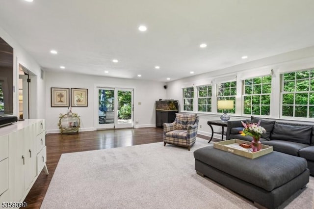 42 Haddonfield Rd, Millburn Twp, NJ 07078 - living room featuring recessed lighting, dark wood-type flooring, and baseboards