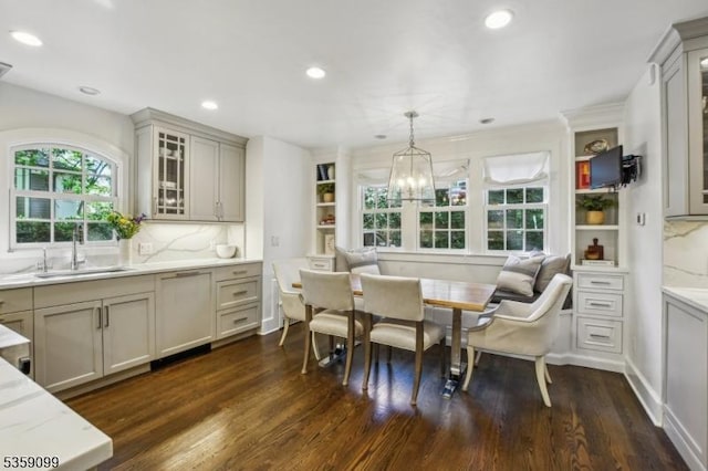 42 Haddonfield Rd, Millburn Twp, NJ 07078 - dining space with dark wood-style flooring, a chandelier, and recessed lighting