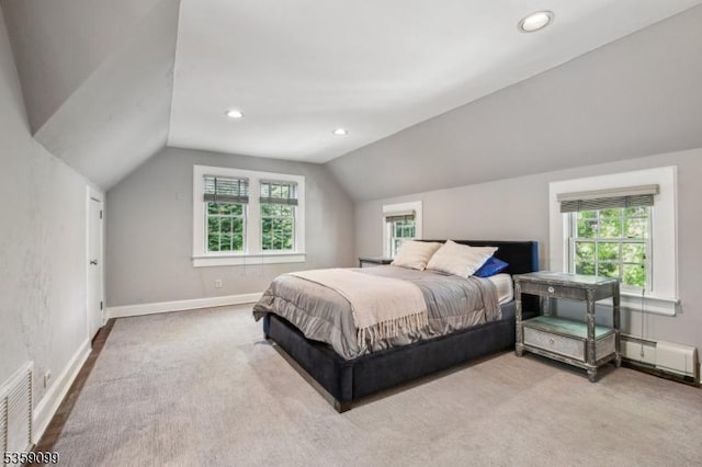 42 Haddonfield Rd, Millburn Twp, NJ 07078 - carpeted bedroom featuring a baseboard radiator, vaulted ceiling, multiple windows, baseboards, and recessed lighting