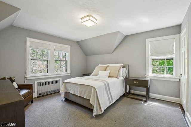 42 Haddonfield Rd, Millburn Twp, NJ 07078 - bedroom with radiator, vaulted ceiling, carpet floors, and baseboards