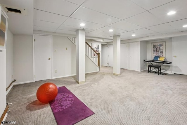 42 Haddonfield Rd, Millburn Twp, NJ 07078 - finished below grade area featuring carpet flooring, stairway, recessed lighting, and baseboards