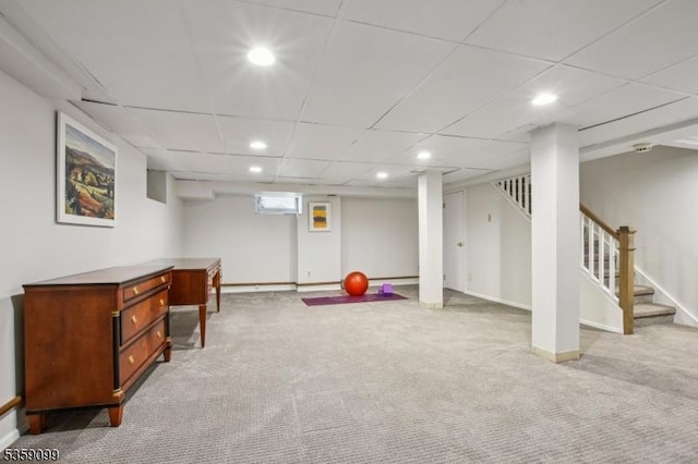42 Haddonfield Rd, Millburn Twp, NJ 07078 - below grade area with carpet flooring, stairs, recessed lighting, baseboards, and a wall mounted air conditioner