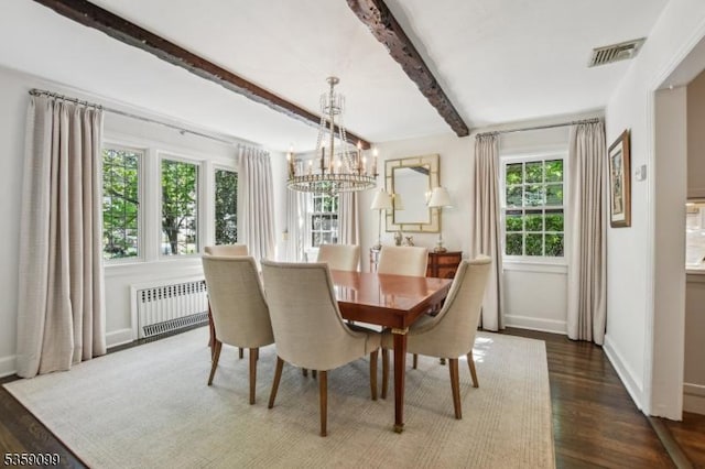 42 Haddonfield Rd, Millburn Twp, NJ 07078 - dining room with radiator, a chandelier, dark wood-style floors, beam ceiling, and baseboards