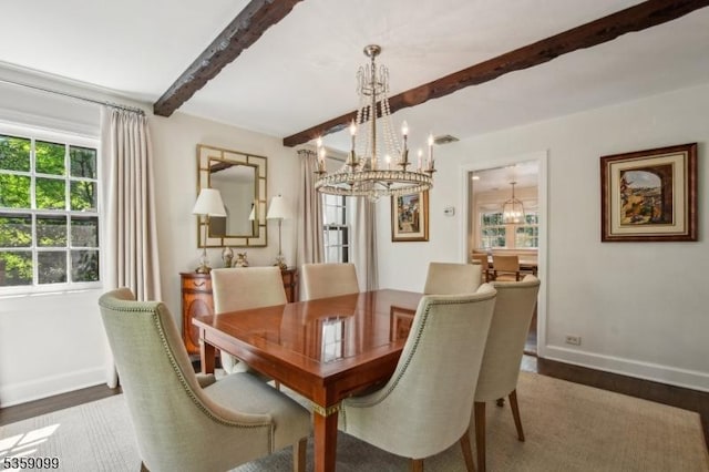 42 Haddonfield Rd, Millburn Twp, NJ 07078 - dining space with baseboards, beamed ceiling, wood finished floors, and a chandelier