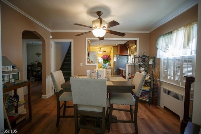 916 Sheridan Ave, Roselle Boro, NJ 07203 - dining space featuring radiator heating unit, stairway, a ceiling fan, crown molding, and wood finished floors