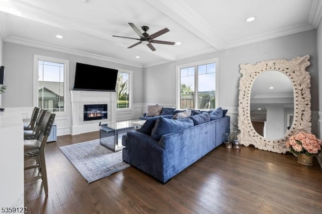 12-64 Orchard St, Fair Lawn Boro, NJ 07410 - living room with healthy amount of natural light, dark wood-type flooring, ceiling fan, a glass covered fireplace, and wainscoting