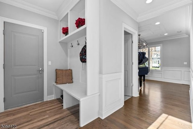 12-64 Orchard St, Fair Lawn Boro, NJ 07410 - mudroom featuring dark wood finished floors, ornamental molding, recessed lighting, and a chandelier