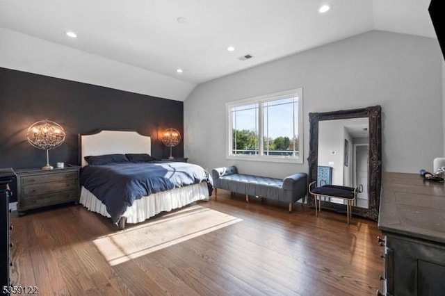 12-64 Orchard St, Fair Lawn Boro, NJ 07410 - bedroom with vaulted ceiling, dark wood-style floors, recessed lighting, and a chandelier
