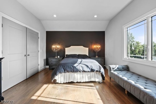 12-64 Orchard St, Fair Lawn Boro, NJ 07410 - bedroom featuring vaulted ceiling, wood finished floors, recessed lighting, a chandelier, and an accent wall