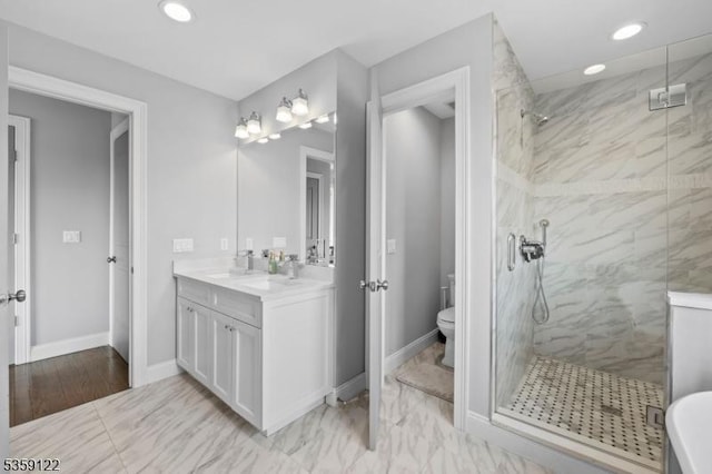 12-64 Orchard St, Fair Lawn Boro, NJ 07410 - bathroom with a marble finish shower, toilet, recessed lighting, vanity, and baseboards