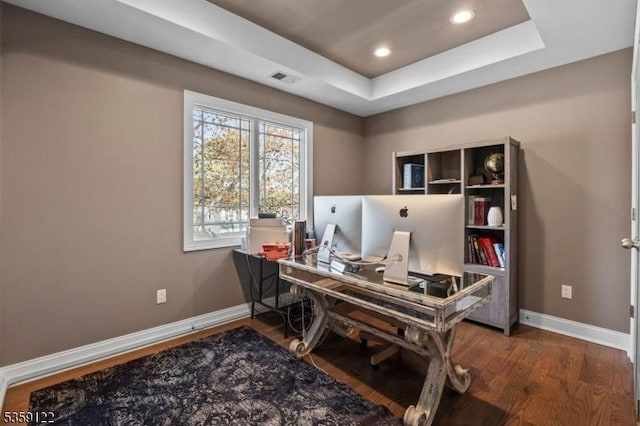 12-64 Orchard St, Fair Lawn Boro, NJ 07410 - office area with wood finished floors, baseboards, a raised ceiling, and recessed lighting