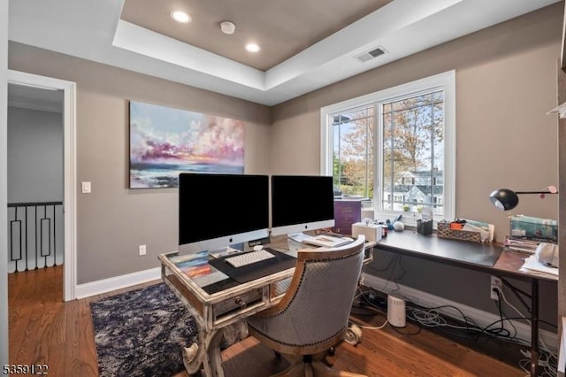 12-64 Orchard St, Fair Lawn Boro, NJ 07410 - office area featuring wood finished floors, a tray ceiling, baseboards, and recessed lighting