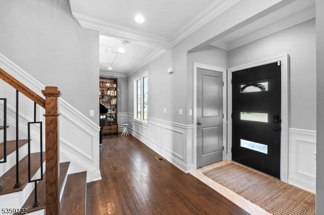 12-64 Orchard St, Fair Lawn Boro, NJ 07410 - entryway with wood finished floors, wainscoting, crown molding, stairs, and a decorative wall