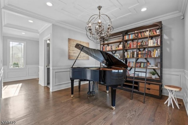12-64 Orchard St, Fair Lawn Boro, NJ 07410 - sitting room with wood finished floors, recessed lighting, a wainscoted wall, a decorative wall, and a chandelier