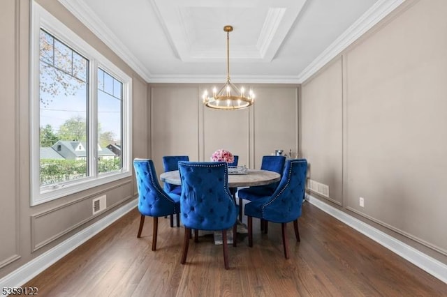 12-64 Orchard St, Fair Lawn Boro, NJ 07410 - dining space with a chandelier, dark wood-style flooring, a raised ceiling, a decorative wall, and crown molding