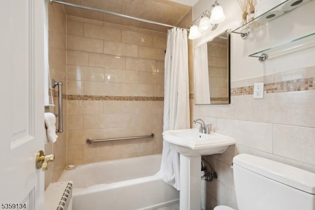 465 Maple Hill Dr Unit 51, Hackensack City, NJ 07601 - full bathroom featuring shower / tub combo, toilet, radiator heating unit, and tile walls