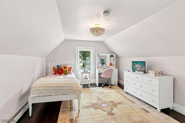457 Academy St, South Orange Village Twp, NJ 07079 - bedroom with a baseboard radiator, vaulted ceiling, light wood-type flooring, and an office area
