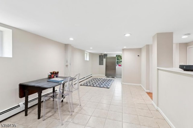 457 Academy St, South Orange Village Twp, NJ 07079 - dining room with a baseboard radiator, baseboards, recessed lighting, electric panel, and light tile patterned floors