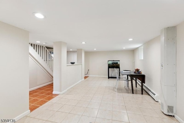 457 Academy St, South Orange Village Twp, NJ 07079 - below grade area featuring recessed lighting, light tile patterned flooring, baseboards, and stairway