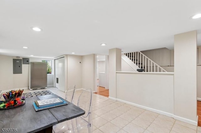 457 Academy St, South Orange Village Twp, NJ 07079 - tiled dining area with recessed lighting, baseboards, electric panel, and stairs