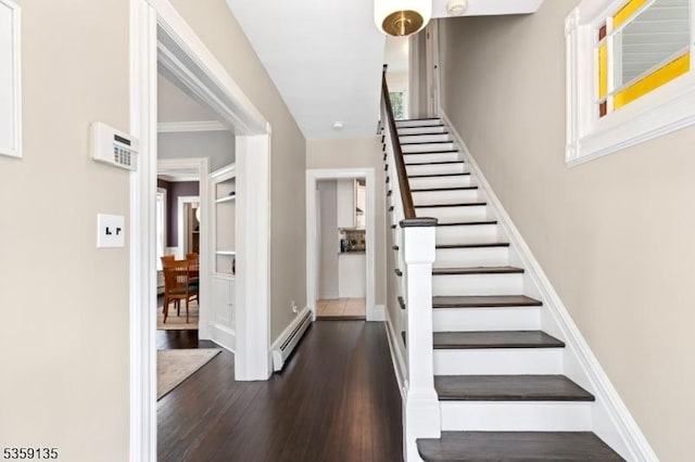 457 Academy St, South Orange Village Twp, NJ 07079 - staircase with wood finished floors, a baseboard heating unit, and baseboards
