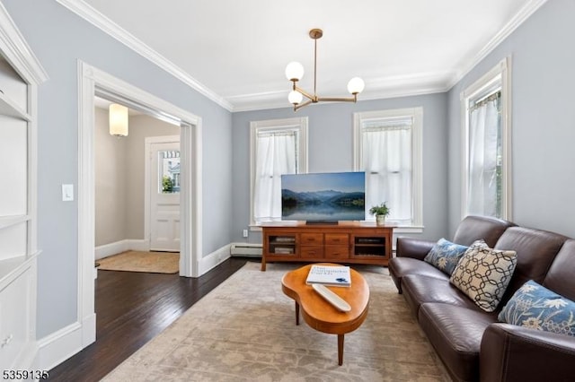 457 Academy St, South Orange Village Twp, NJ 07079 - living area featuring a baseboard radiator, dark wood-style floors, crown molding, baseboards, and a chandelier
