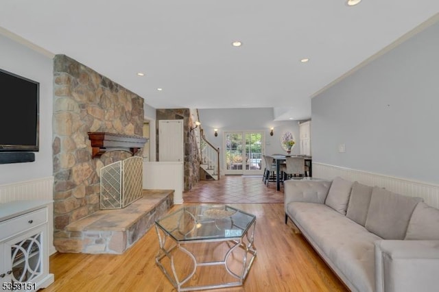 60 Dogwood Ln, Montgomery Twp, NJ 08558 - living area featuring stairway, wainscoting, recessed lighting, wood finished floors, and a fireplace