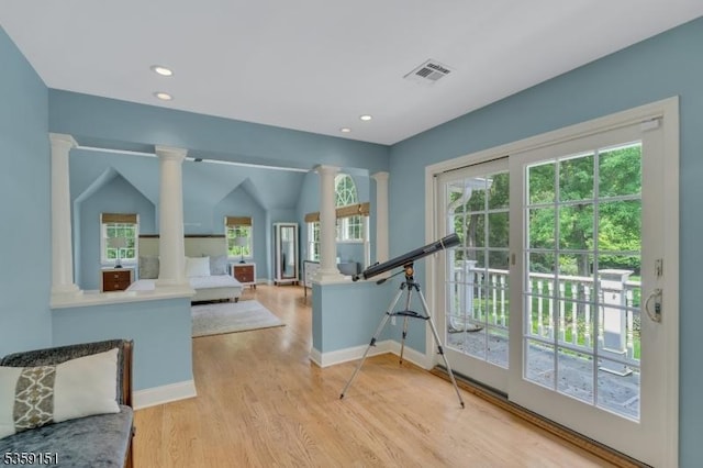 60 Dogwood Ln, Montgomery Twp, NJ 08558 - interior space featuring decorative columns, baseboards, light wood-style flooring, and recessed lighting