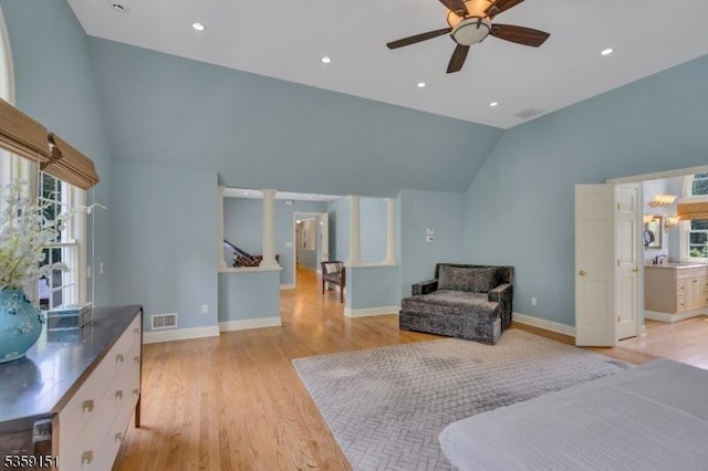 60 Dogwood Ln, Montgomery Twp, NJ 08558 - bedroom with light wood finished floors, baseboards, recessed lighting, and high vaulted ceiling