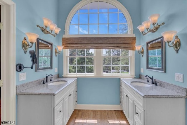 60 Dogwood Ln, Montgomery Twp, NJ 08558 - bathroom with two vanities, plenty of natural light, wood finished floors, and baseboards