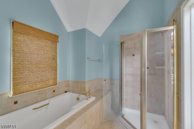 60 Dogwood Ln, Montgomery Twp, NJ 08558 - bathroom featuring a shower stall, a bath, and vaulted ceiling