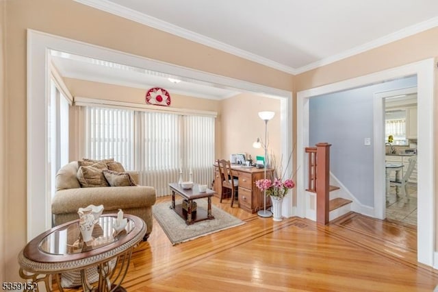 756-758 Cleveland Ave, Elizabeth City, NJ 07208 - living room with wood finished floors, crown molding, an office area, stairway, and baseboards