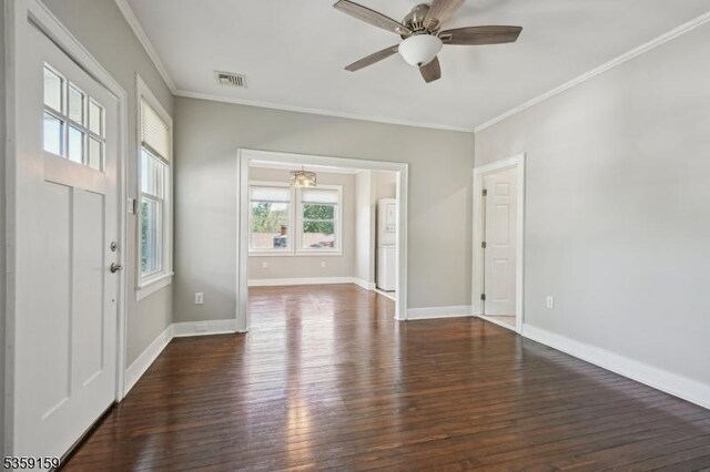 76 Mountainview Ave, Mount Arlington Boro, NJ 07856 - unfurnished room featuring dark wood-style floors, ornamental molding, ceiling fan, and baseboards