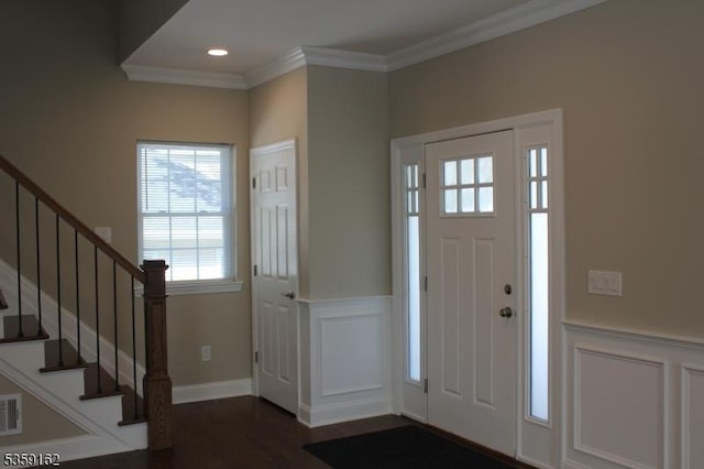 2000 Whittier St, Rahway City, NJ 07065 - entryway with ornamental molding, wood finished floors, stairs, a wainscoted wall, and recessed lighting