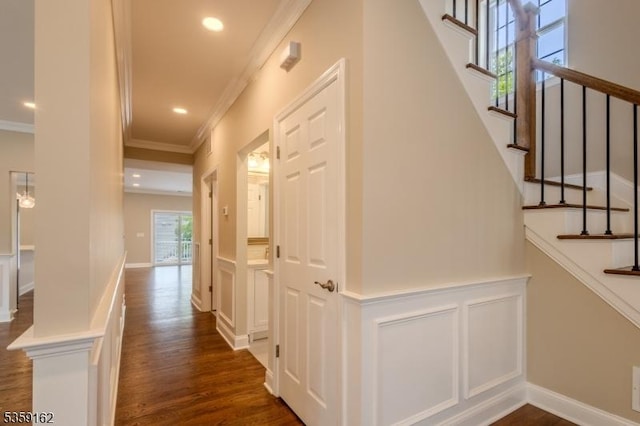 2000 Whittier St, Rahway City, NJ 07065 - hall with ornamental molding, a decorative wall, a wainscoted wall, dark wood-style flooring, and stairs