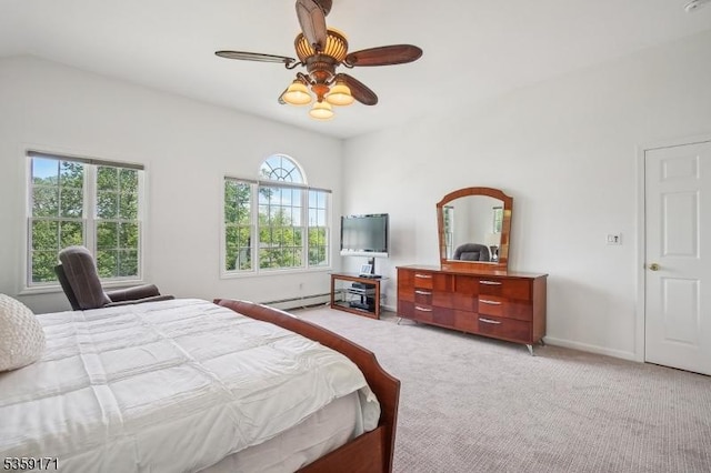 9 Baker Rd, Livingston Twp, NJ 07039 - bedroom featuring light carpet, multiple windows, ceiling fan, baseboards, and lofted ceiling