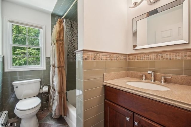 9 Baker Rd, Livingston Twp, NJ 07039 - full bath featuring tile walls, vanity, toilet, a baseboard heating unit, and shower / tub combo with curtain