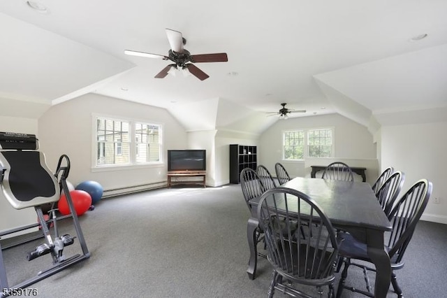 216 Kimball Ave, Westfield Town, NJ 07090 - dining room with a ceiling fan, a baseboard radiator, carpet flooring, lofted ceiling, and baseboards