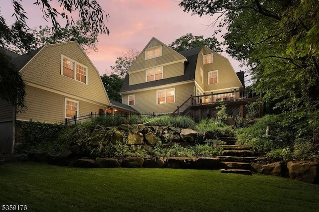 216 Kimball Ave, Westfield Town, NJ 07090 - back of house with a gambrel roof, a deck, and a yard