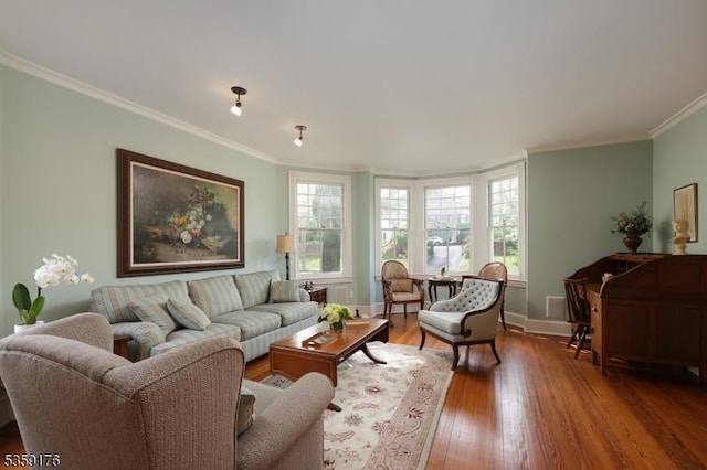 216 Kimball Ave, Westfield Town, NJ 07090 - living room with crown molding, plenty of natural light, wood-type flooring, and baseboards