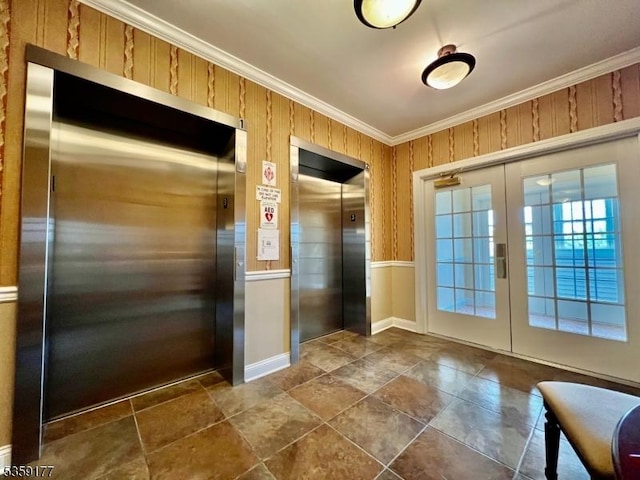24 Ridgeview Ln Unit 24, Mount Arlington Boro, NJ 07856 - doorway with elevator, ornamental molding, french doors, dark stone finish flooring, and baseboards