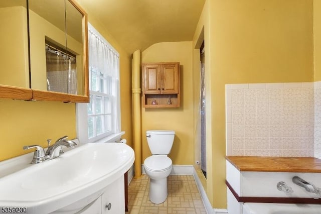 20 Kenvil Ave, Roxbury Twp, NJ 07876 - full bathroom with toilet, a shower with shower curtain, a sink, lofted ceiling, and baseboards